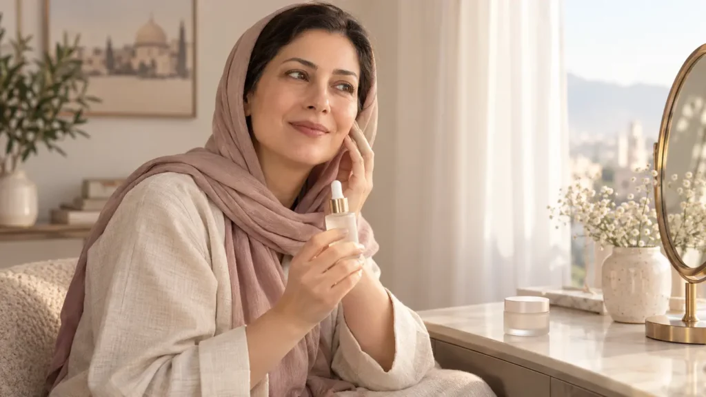 خانمی حدود ۴۵ ساله با روسری در حال انتخاب سرم پوستی در کنار میز مراقبت از پوست