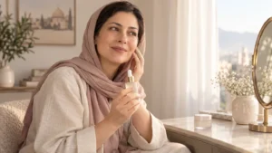 خانمی حدود ۴۵ ساله با روسری در حال انتخاب سرم پوستی در کنار میز مراقبت از پوست