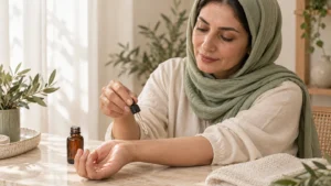 خانمی با روسری در حال آزمایش مقدار کمی سرم روی داخل ساعد